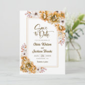 オレンジの花柄がおしゃれな結婚式のSave the Date 招待状 (スタンド正面)