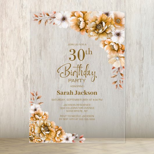 オレンジの花柄がおしゃれな30歳の誕生日パーティー アクリル招待状