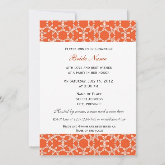オレンジの花柄のブライダルシャワー招待。 招待状 (正面)