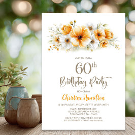 オレンジの花柄の60歳の誕生日パーティー 招待状