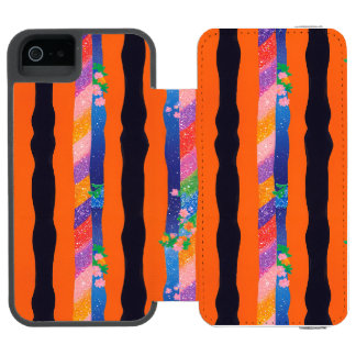 オレンジの花柄ウェーブストライプ柄 iPhone SE/5/5sウォレットケース