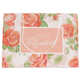 オレンジの花柄ローズ大型ギフトバッグ ラージペーパーバッグ