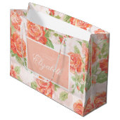 オレンジの花柄ローズ大型ギフトバッグ ラージペーパーバッグ (正面アングル)