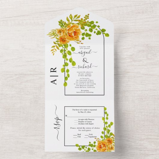 オレンジの花、アーチとモノグラムの秋の結婚式 オールインワン招待状 (内側)