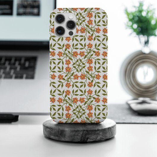 オレンジの花 ボヘミアンな花柄 グリーン iPhoneケース