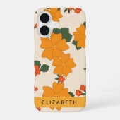 オレンジの花、花の模様、お名前 iPhone 16ケース (裏面)