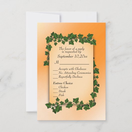 オレンジの葉の秋の招待状（食事の選択肢付き） 出欠カード (正面)