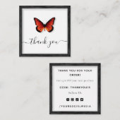 オレンジの蝶のイラストを使ったクラシックな「ありがとう」カード スクエア名刺 (正面/裏面)