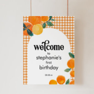 オレンジの誕生日パーティーまたは赤ちゃんシャワー歓迎サイン ポスター