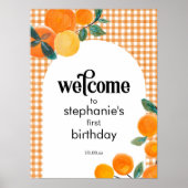 オレンジの誕生日パーティーまたは赤ちゃんシャワー歓迎サイン ポスター (正面)