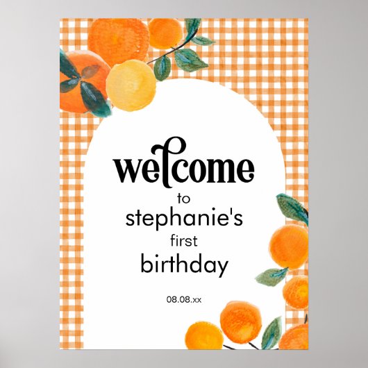 オレンジの誕生日パーティーまたは赤ちゃんシャワー歓迎サイン ポスター (正面)