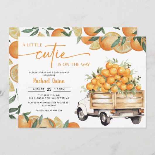 オレンジの赤ちゃんかわいこちゃんがシャワーを浴びる途中にある 招待状 (正面/裏面)