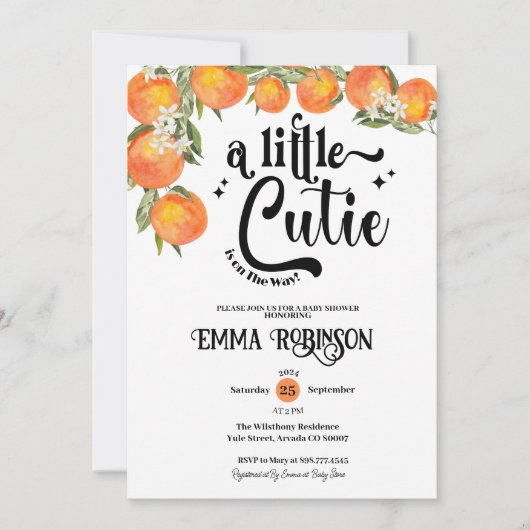 オレンジの赤ちゃんかわいこちゃんのシャワーが少し流れている 招待状 (正面)