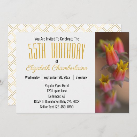 オレンジの金ゴールドフローラ多肉食55th誕生日パーティー 招待状 (正面/裏面)