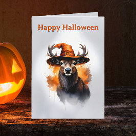オレンジの魔女の帽子をかぶった気まぐれなシカのハロウィンハット カード