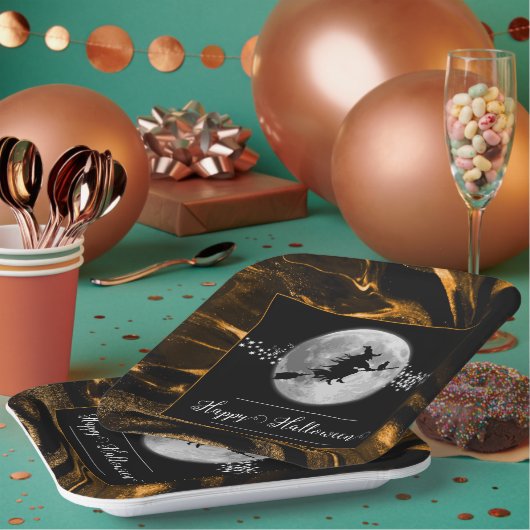 オレンジの魔女シルエットハロウィーン ペーパープレート (複数)