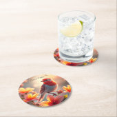 オレンジの鳥の花柄紙コースター ラウンドペーパーコースター (インサイチュ)