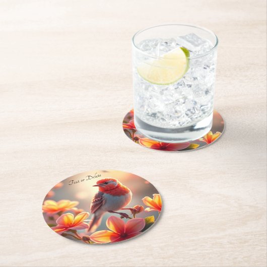 オレンジの鳥の花柄紙コースター ラウンドペーパーコースター (インサイチュ)