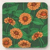 オレンジの《植物》百日草の花葉、濃い緑の緑の コースター (正面)