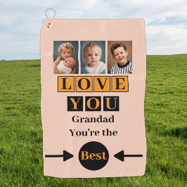 オレンジの「3 photos love you grandad」デザイン ゴルフタオル