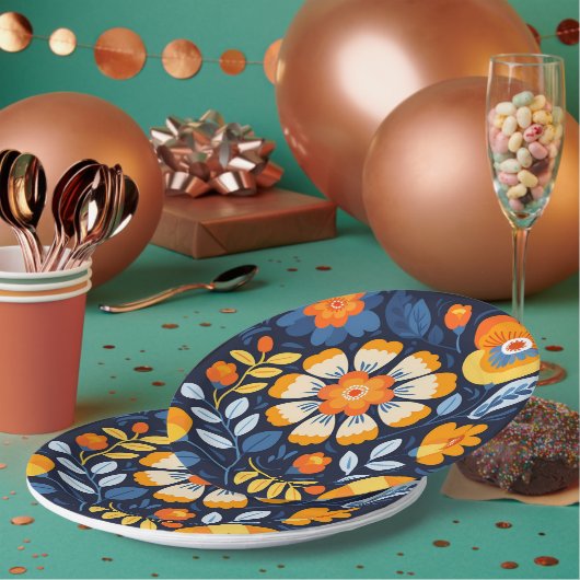 オレンジはっきりしたとブルーのレトロフローライラストレーション ペーパープレート (複数)