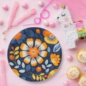 オレンジはっきりしたとブルーのレトロフローライラストレーション ペーパープレート (パーティー)