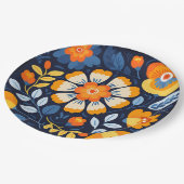 オレンジはっきりしたとブルーのレトロフローライラストレーション ペーパープレート (アングル)
