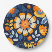 オレンジはっきりしたとブルーのレトロフローライラストレーション ペーパープレート (正面)