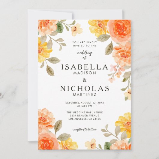 オレンジはっきりした色の明るい色のフローラ結婚の 招待状 (正面)