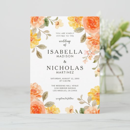 オレンジはっきりした色の明るい色のフローラ結婚の 招待状 (スタンド正面)