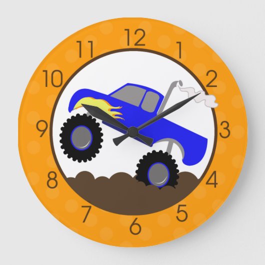 オレンジまたは茶色の青いモンスタートラックの柱時計 ラージ壁時計 (正面)