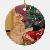 オレンジよくはしゃぐ虎猫クリスマス セラミックオーナメント (正面)
