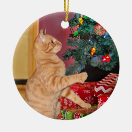 オレンジよくはしゃぐ虎猫クリスマス セラミックオーナメント (正面)