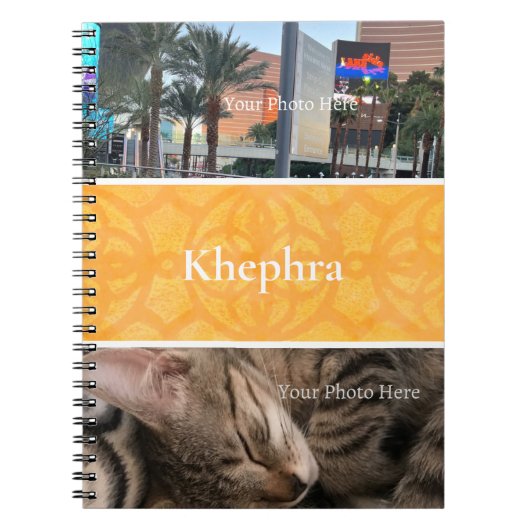 オレンジろうけつ染めフォトコラージュ白縁ど名 ノートブック (正面)