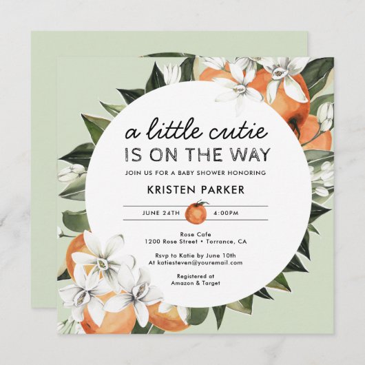 オレンジをテーマにした小さなかわいこちゃんベビーシャワー 招待状 (正面/裏面)
