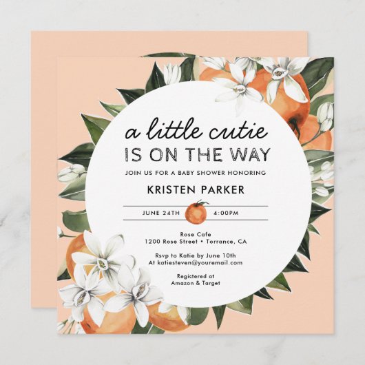 オレンジをテーマにした小さなかわいこちゃんベビーシャワー 招待状 (正面/裏面)