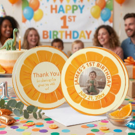 オレンジをテーマにした1歳の誕生日写真 サンキューカード