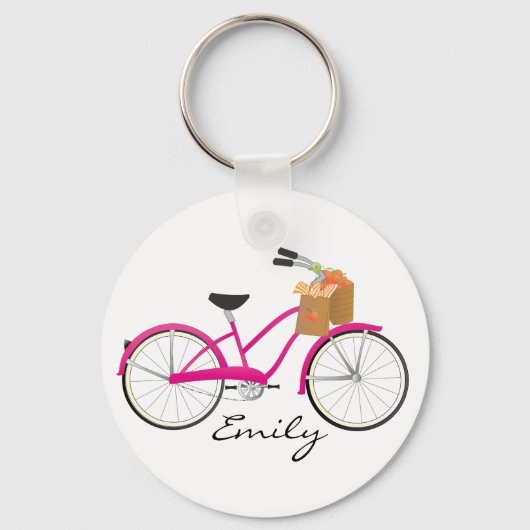 オレンジを使用したホットPInk自転車 キーホルダー (正面)