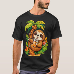 オレンジを飲むヤシの木に登るナマケモノ Tシャツ