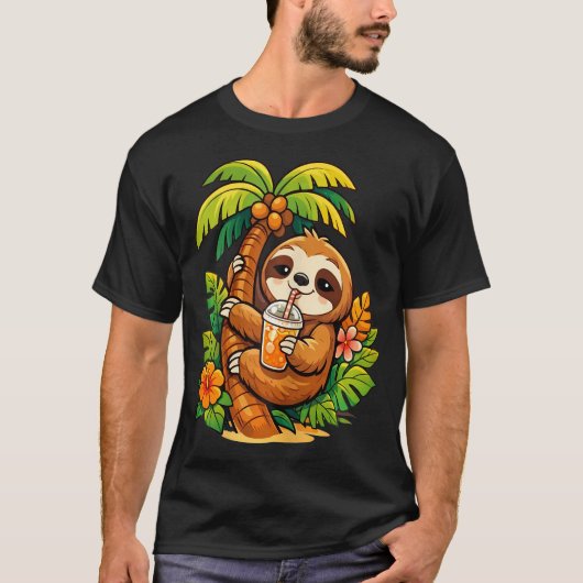 オレンジを飲むヤシの木に登るナマケモノ Tシャツ (正面)