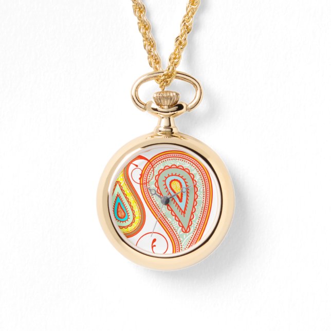 オレンジアクアイエローペイズリーパタモダンーンウォッチ 腕時計 (正面)