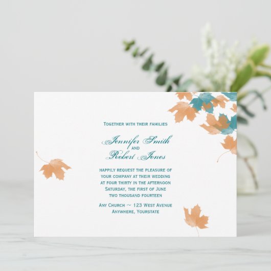 オレンジアクアオータムメープルリーフ結婚式招待状 招待状 (スタンド正面)