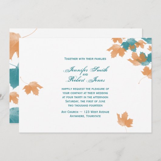 オレンジアクアオータムメープルリーフ結婚式招待状 招待状 (正面/裏面)