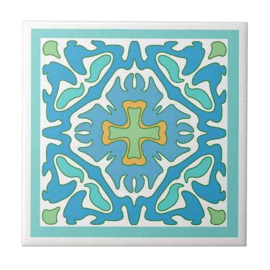 オレンジアクセントの水そして緑のスペインのなタイル タイル (正面)