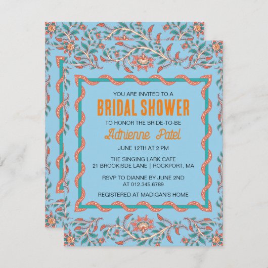 オレンジアンドアクアブルーフローラブライダルシャワーインビタティ 招待状 (正面/裏面)