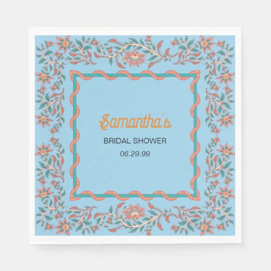 オレンジアンドアクアブルーフローラブライダルシャワー スタンダードランチョンナプキン (正面)