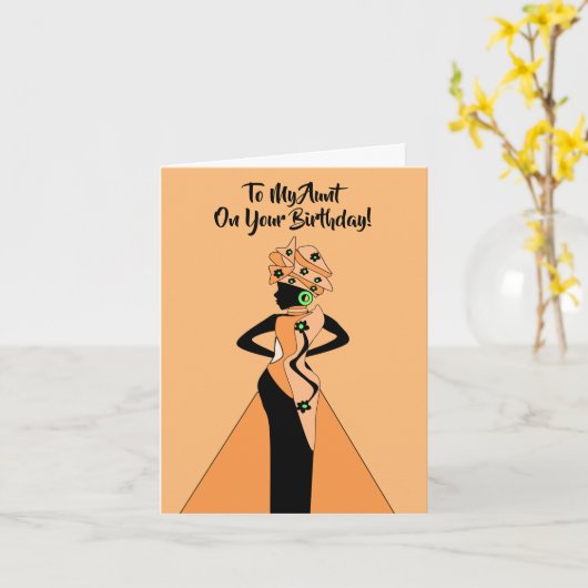 オレンジアンドブラックアフリカンアメリカン・レディ誕生日 カード (黄色い花)