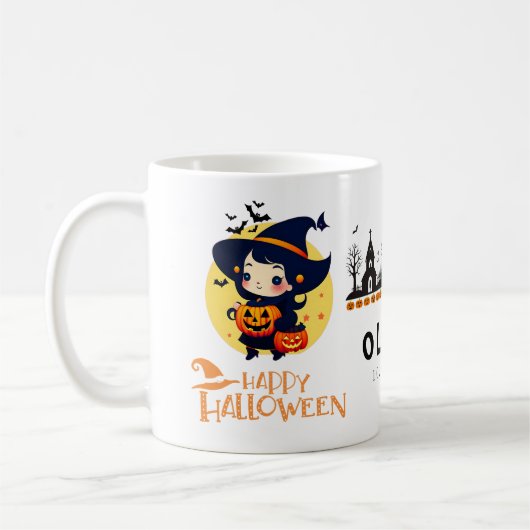 オレンジアンドブラックハロウィーンホリデーネーム誕生日 コーヒーマグカップ (左)