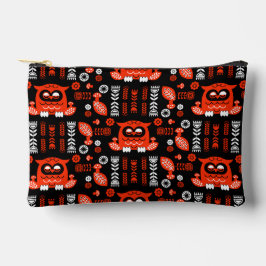 オレンジアンドブラックフォークアートノルディックフクロウ アクセサリーポーチ