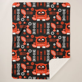 オレンジアンドブラックフォークアートノルディックフクロウ シェルパブランケット